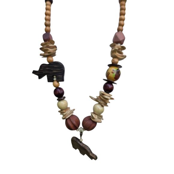 VTG 70s Boho Tribal Necklace Wood Beads Carved Elephant Pendant Earthy Artisan - Picture 10 of 14